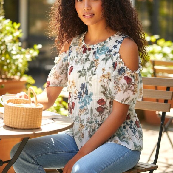 Willow & Clay Tops - (G-209)Willow & Clay Women’s Floral Cold Shoulder Blouse Size S Boho Sheer Peplu